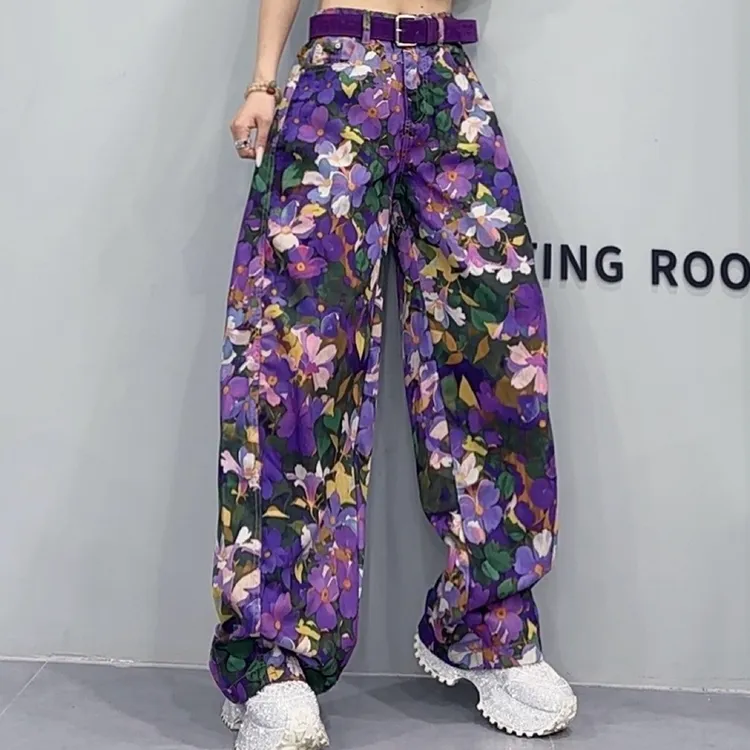 夏季新款高腰弯刀裤阔腿裤女2025时尚宽松休闲拖地裤花裤子-7021