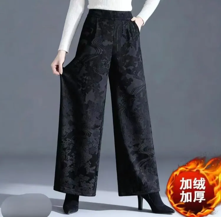 秋冬季复古国风加绒人丝提花直筒裤【高山流水】中国风时尚阔腿裤