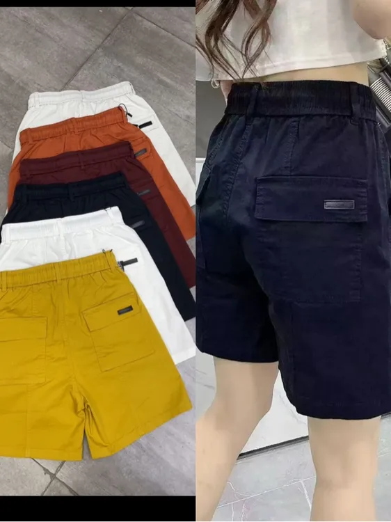 25058-Z薄款松紧腰兜段点装饰四分阔腿短裤