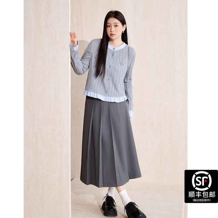 大码女装灰色学院风拼接假两件针织衫上衣设计感长袖开衫套装