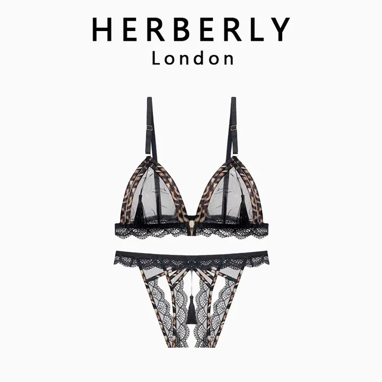 英国 HERBERLY 性感蕾丝网纱前扣文胸套装透明内衣丁字裤两件套薄