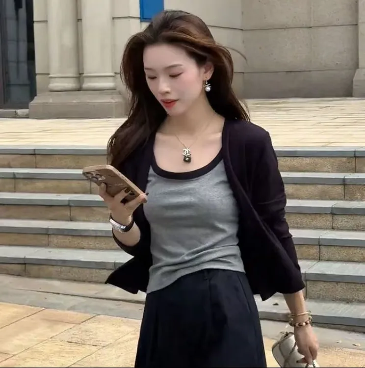 无品牌秋季长袖开衫外套女款韩版时尚拼色吊带两件套洋气百搭上衣