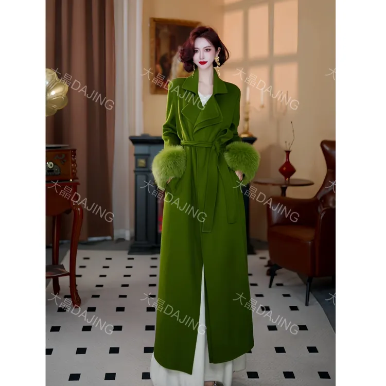 【大晶定制】“青苹果”冬款[芬兰狐狸毛袖]纯羊毛绿色气质长款外套