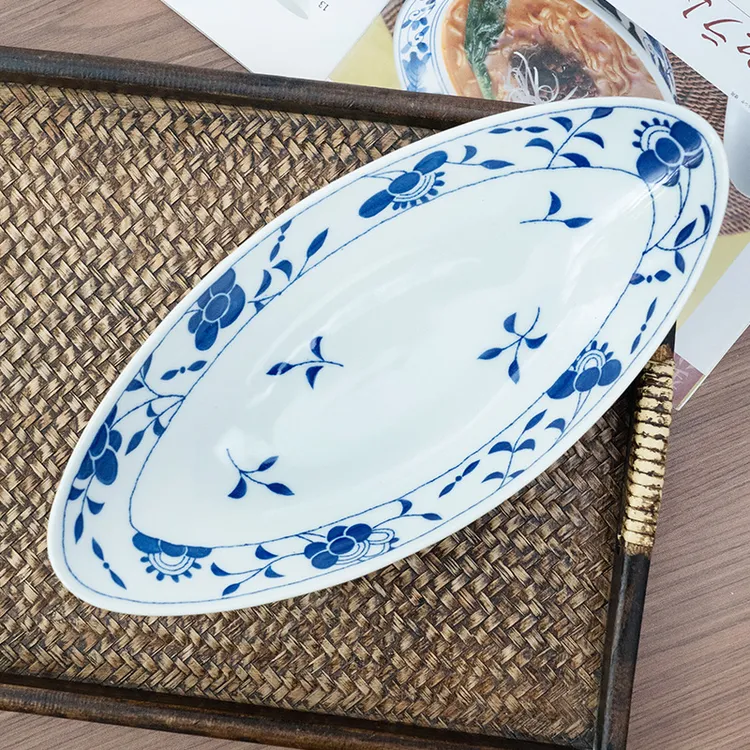 美浓烧日本进口陶瓷大盘家用日式釉下彩鱼盘高颜值好看单个椭圆盘