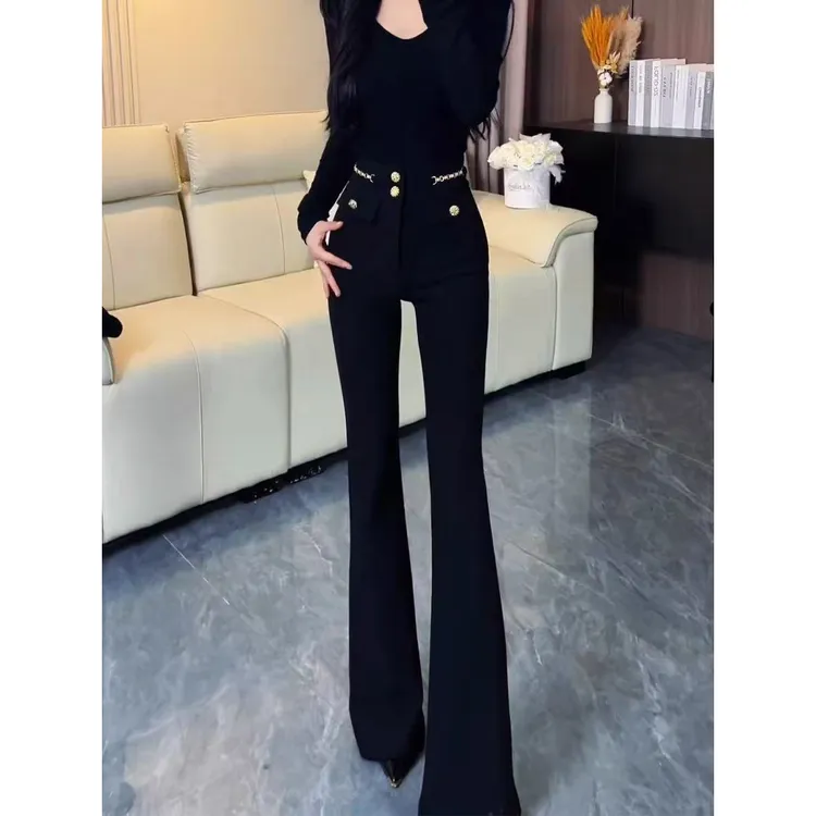 气质黑色弹力微喇西装裤女秋季新款高腰窄版显瘦垂感拖地马蹄裤