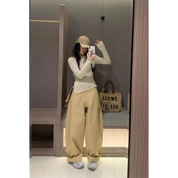 早春新款露背镂空针织衫女设计感慵懒复古长袖上衣休闲高腰阔腿裤