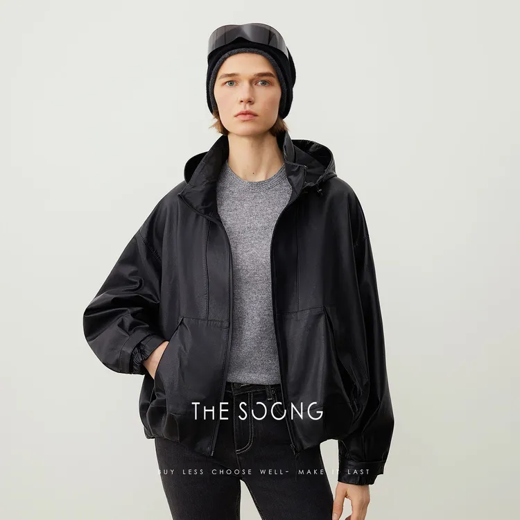 THESOONG|土耳其进口真皮羊皮衣外套开衫女秋冬连帽上衣HWPY7784