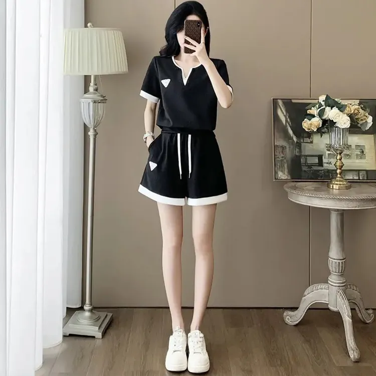 高含棉休闲运动服套装女2025年夏季新款短袖上衣高腰短裤两件套潮