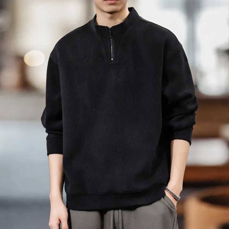 潮牌重磅拉链半开领卫衣男装美式复古宽松加厚外套秋冬季加绒上衣