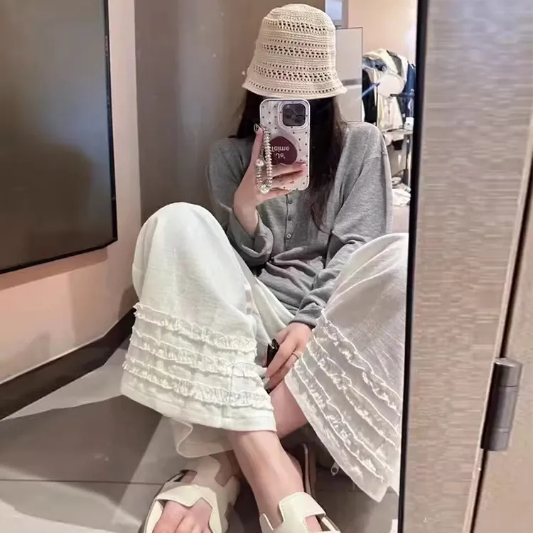 木耳花边亚麻阔腿裤女夏季2025新款松弛感宽松显瘦高腰九分休闲裤