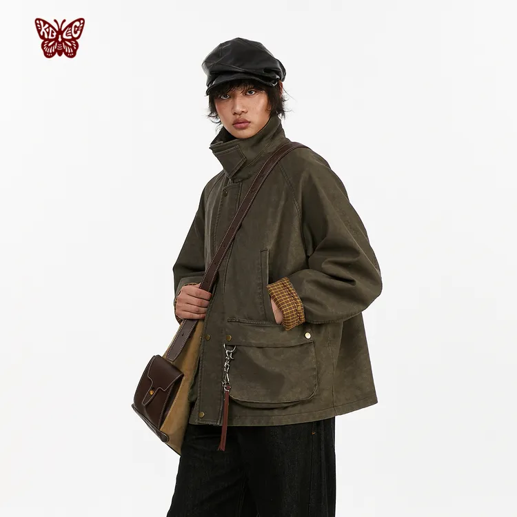 KBLC猎装翻领PU夹克秋冬哈灵顿解构做旧帆布机车分割短款复古外套