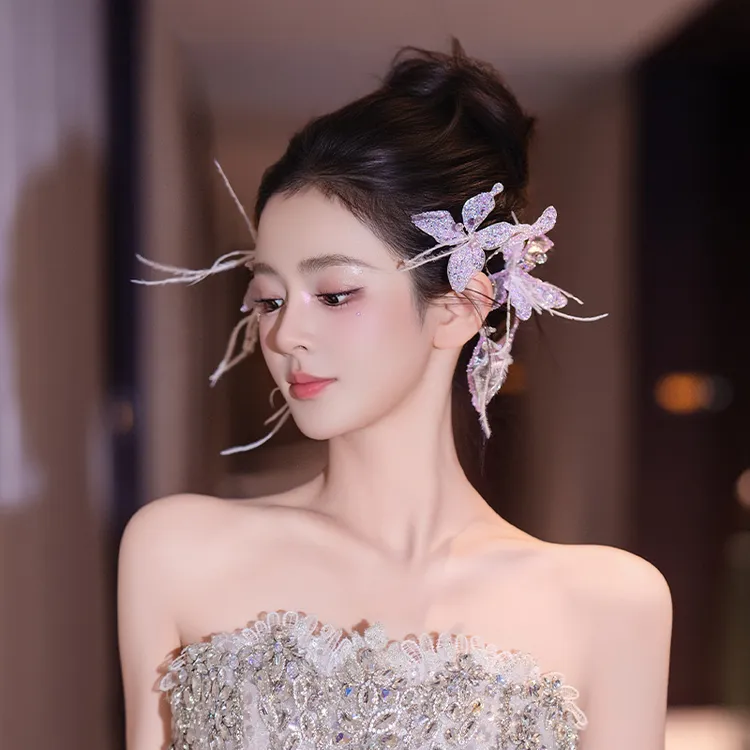 合金羽毛婚庆饰品 新娘浅紫色头饰氛围灵动蝴蝶手工侧边发饰D0583