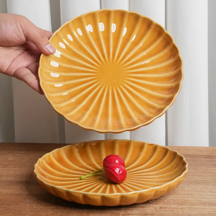 【正品】小盘釉下彩陶瓷盘家用复古窑变黄天目菊平盘颜值餐盘VKQ