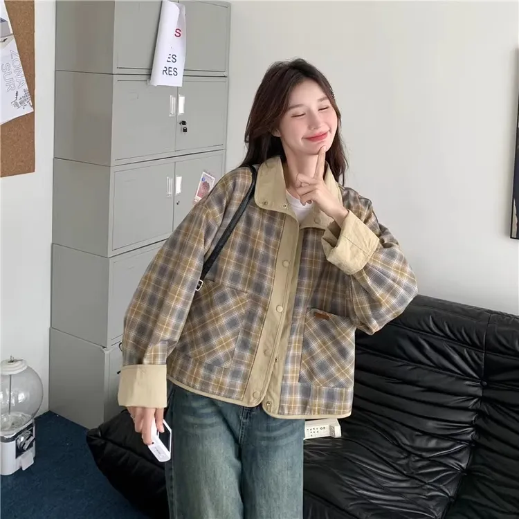 两面穿韩系短款外套女春秋小众设计感2025新款小个子格纹百搭夹克