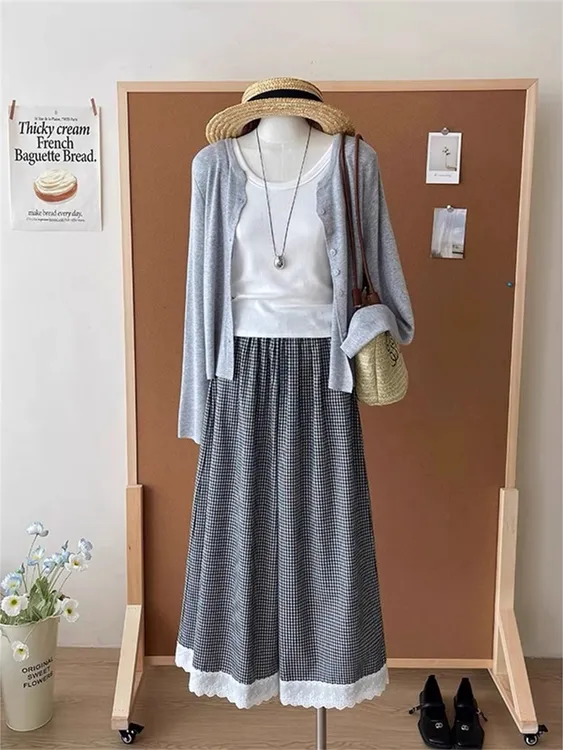 小个子蕾丝花边拼接格纹阔腿裤女夏大码胖mm松紧腰a字百搭休闲裤