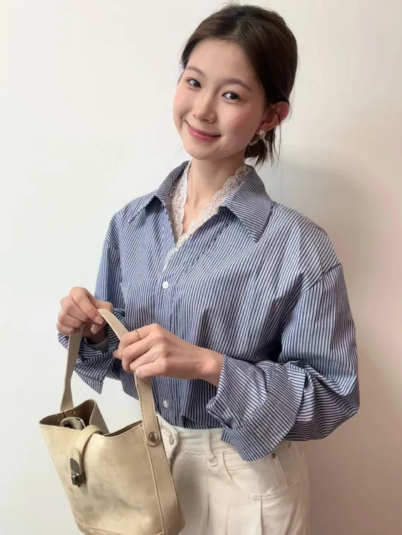 蕾丝拼接V领条纹通勤长袖衬衫衬衣气质显瘦小众百搭休闲