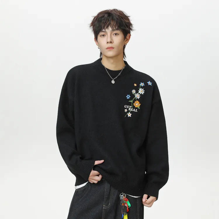 MTVO迈特优圆领刺绣针织毛衣男士秋冬季新款韩系潮流套头软糯上衣