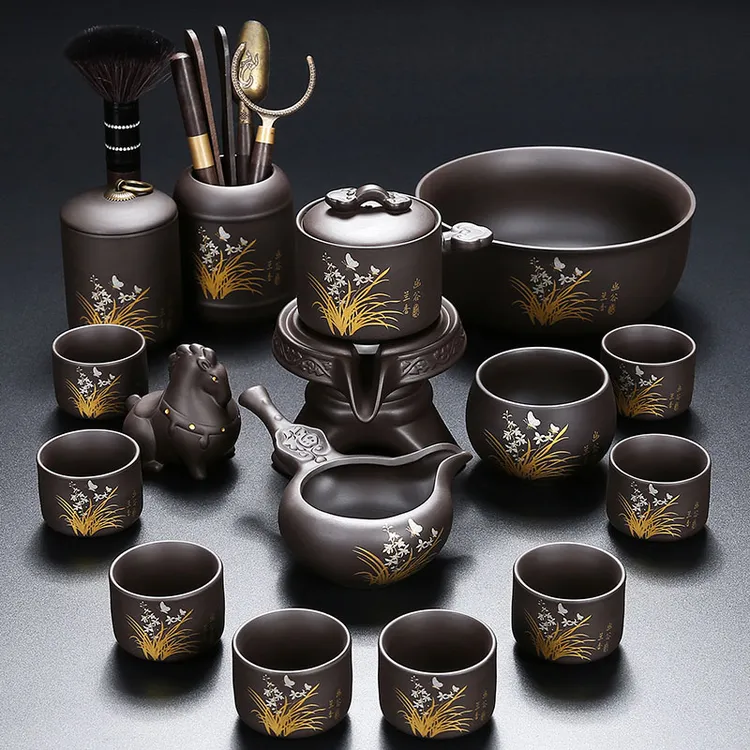 紫砂懒人功夫茶具家用简约半自动泡茶器茶壶茶杯套装创意石磨整套