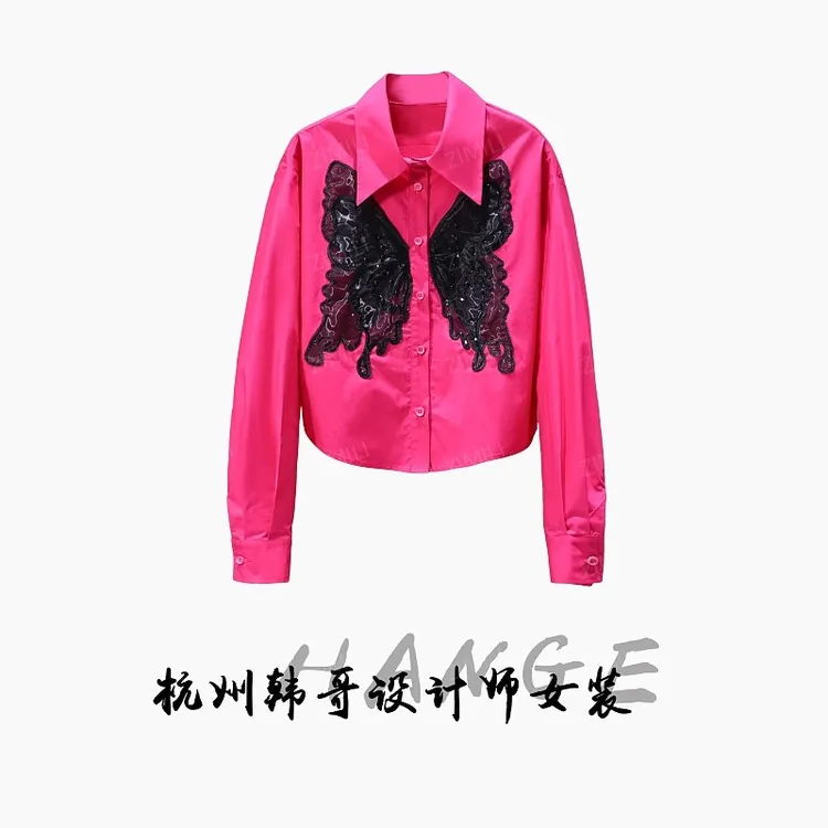 【韩哥女装】2025秋冬新品《蝶恋花》玫红色蝴蝶刺绣时尚休闲衬衫9913