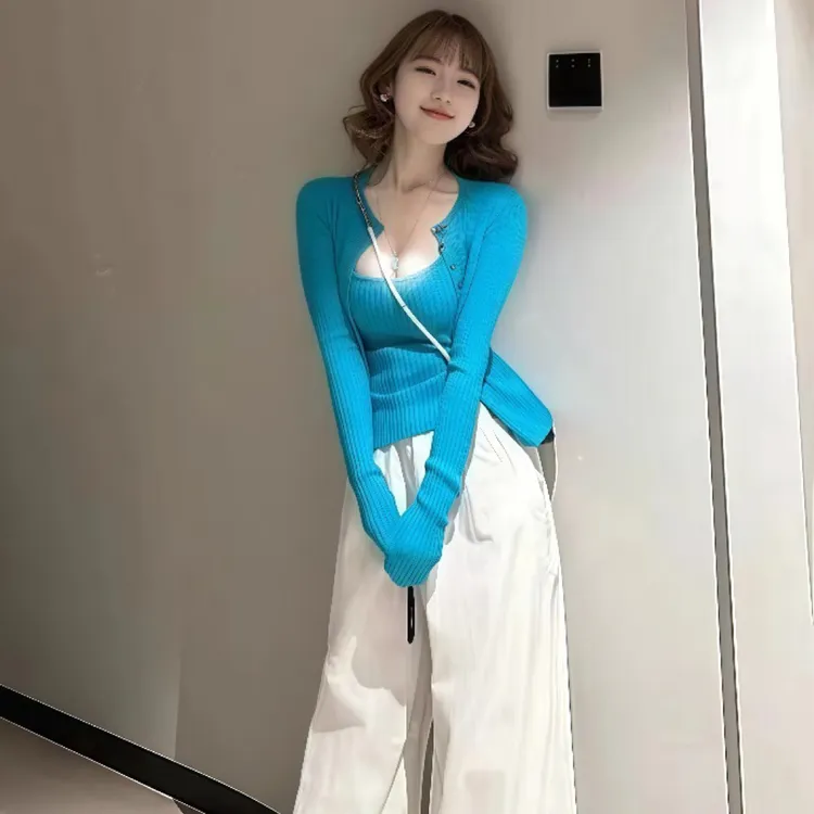 韩系chic别致俏皮活泼套装独特漂亮蓝色针织衫吊带阔腿裤子三件套
