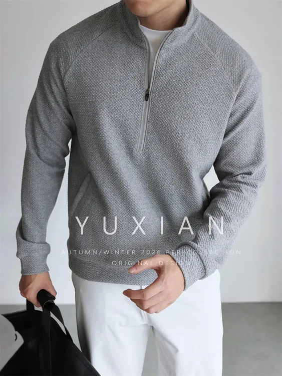 【都市运动系列】棉质泡泡双面半拉链运动卫衣立领套头长袖健身男