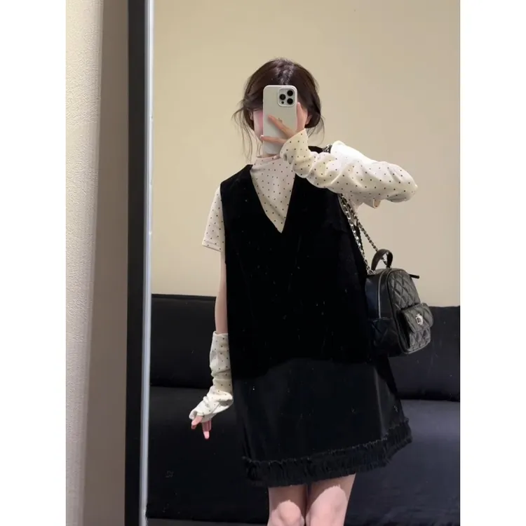 MARIE.COCO秋季新款法式小香风木耳边背心裙叠穿波点上衣两件套装