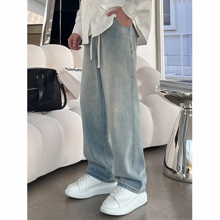 【时尚起易】春夏休闲直筒浅色牛仔裤显瘦宽松百搭复古水洗长裤男士
