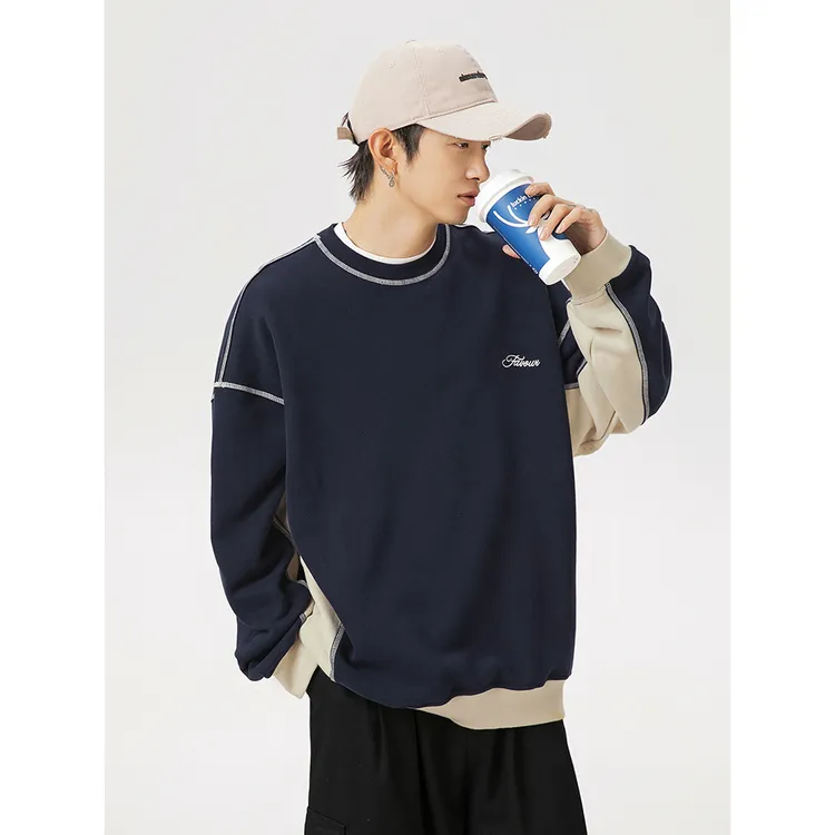 秋季宽松圆领拼接400G重磅撞色卫衣男士美式套头潮流长袖休闲上衣