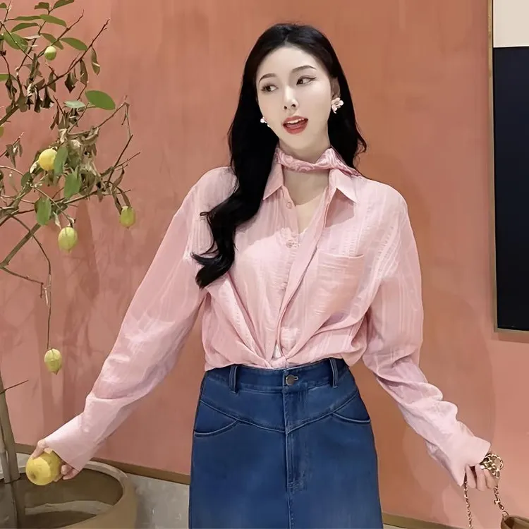 哥弟夏季宽松百搭翻领学院风格纹长袖衬衫1300989显瘦面试情侣