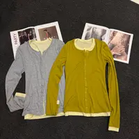LULU  新款时尚休闲撞色拼色假两件套头开衫上衣5101
