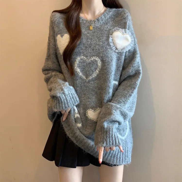 设计感烫钻爱心圆领毛衣女秋季大码胖MM显瘦宽松遮肉休闲针织上衣