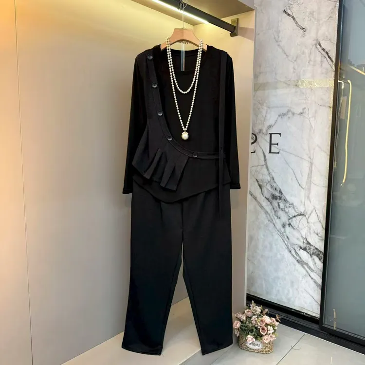 大妈女装新款别致不规则设计感个性圆领上衣+高腰裤子两件套5043