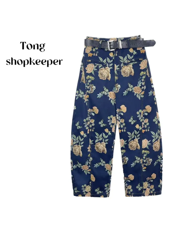 QJ/彤掌柜1681767 夏款25重磅花卉蝴蝶印花设计时尚腰带休闲裤