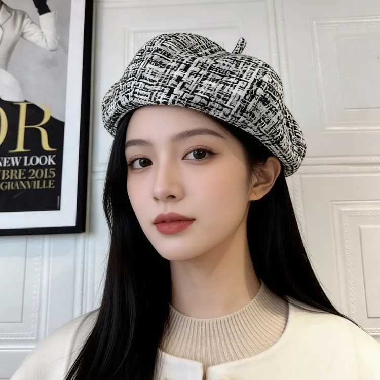 时尚简约小香风格贝雷帽女秋冬保暖显脸小格纹南瓜帽复古法式