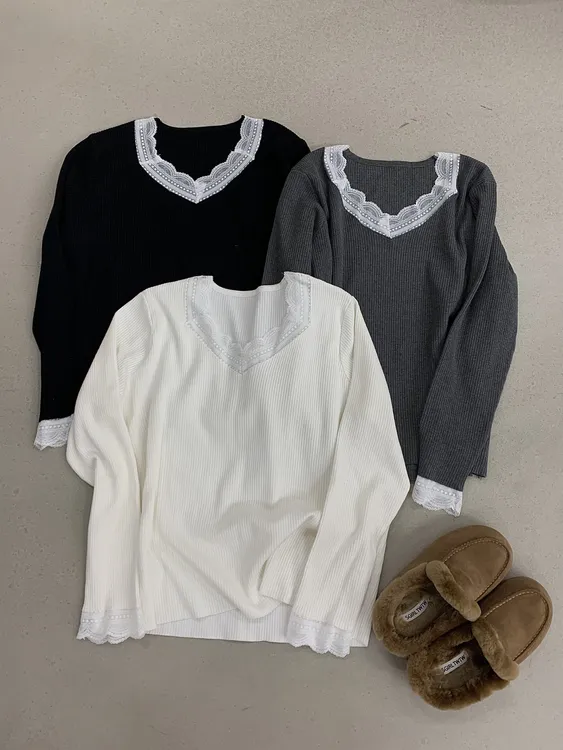 卡麦酱-SLINE 蕾丝拼接针织打底上衣 5096