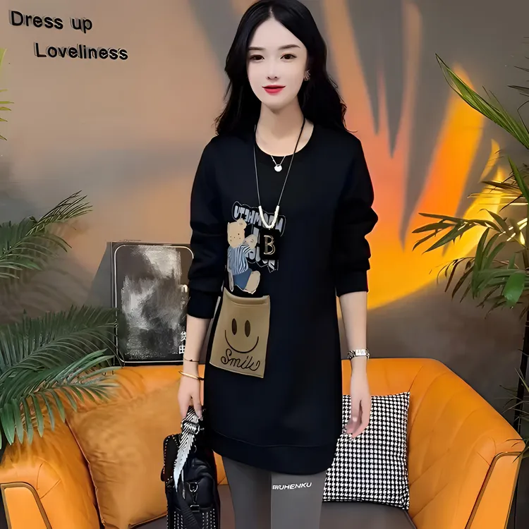 口袋熊中长款印花秋季INS风圆领时尚加厚女卫衣假两件