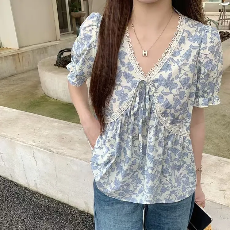 新款夏装配饰甜美法式宽松短袖波点衬衣气质漂亮女装M到4XL
