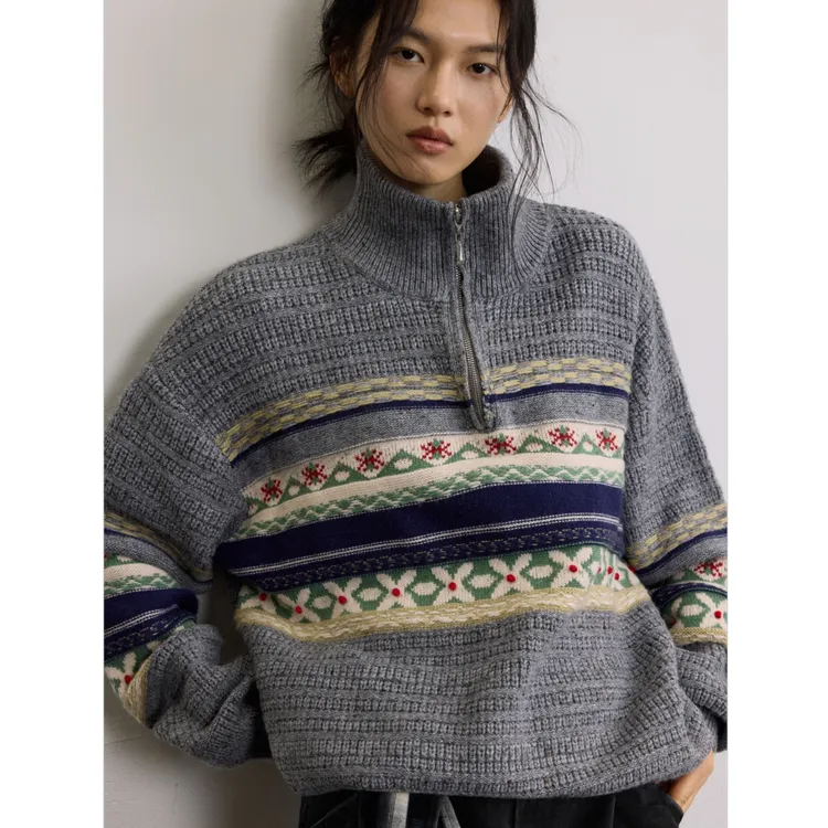 same flow费尔岛提花图案半高拉链套头宽松慵懒小众针织毛衣上衣