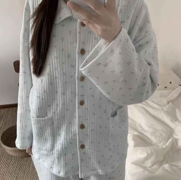 睡衣长袖简约套装翻领保暖空气棉上衣碎花家居服套装女加绒韩ins