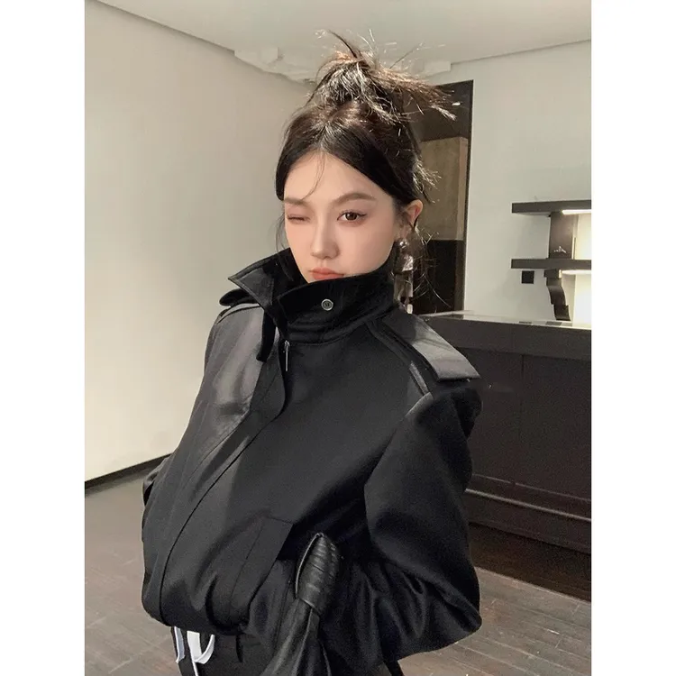 韩系辣妹立领黑色阔肩外套女2025年秋季新款复古短款休闲夹克上衣