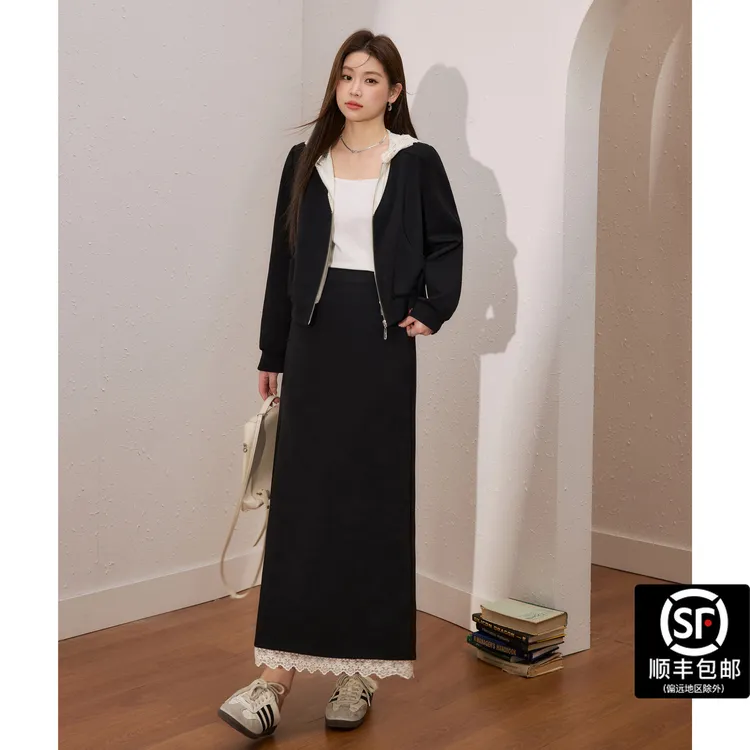 蓝语大码女装假两件蕾丝加大加宽休闲卫衣舒适遮肚半身长裙套装