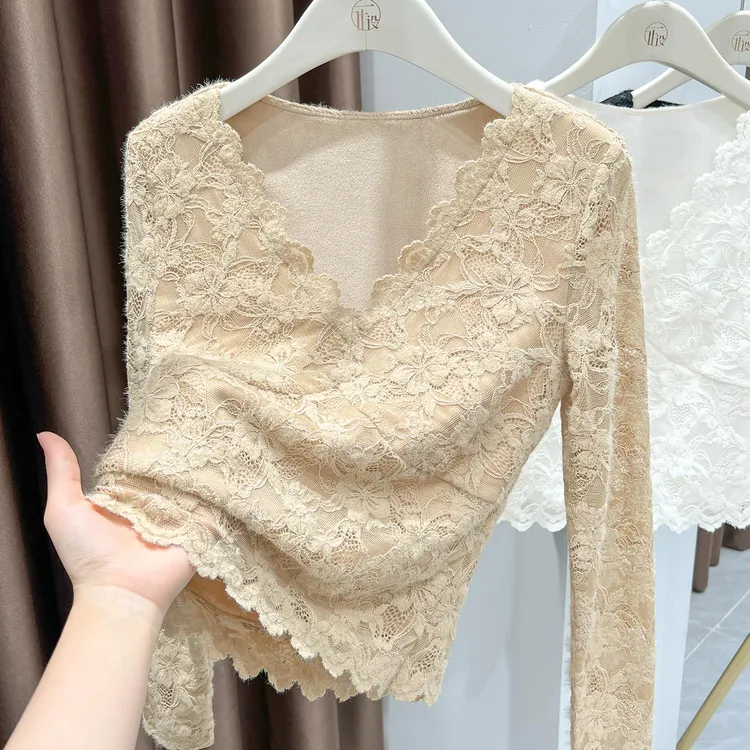 花边V领短款磨毛蕾丝打底衫秋冬新款性感长袖加绒网纱上衣内搭女