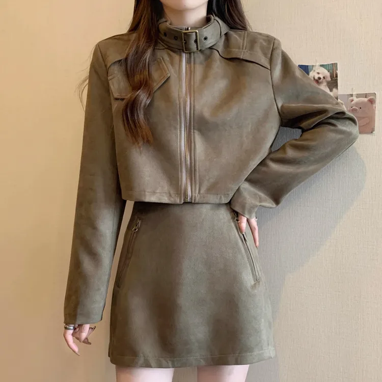 卡其色外套半身裙两件套女大码春秋胖mm宽松复古机车上衣短裙套装