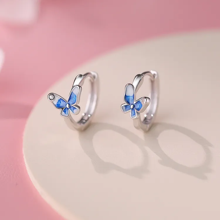 足银合成锆石耳饰 S999足银蓝梦蝴蝶耳扣女小众设计高级感耳环圈
