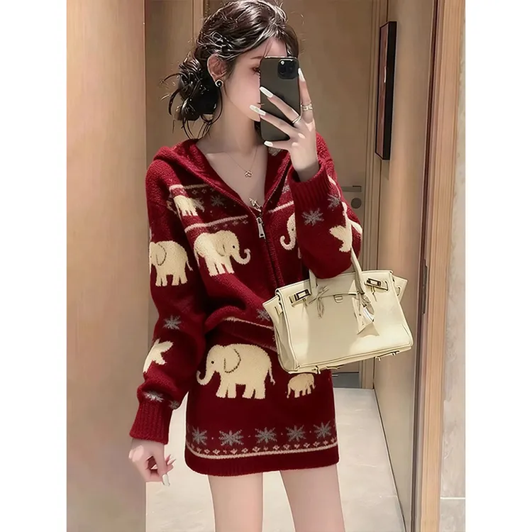 慵懒风红色针织提花套装女2025新款秋冬减龄穿搭上衣半身裙两件套