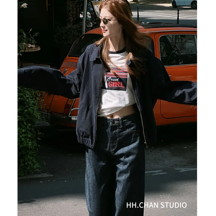 HH.CHAN“格调夹克”100%棉磨毛水洗马标休闲风藏青外套HH53J37050