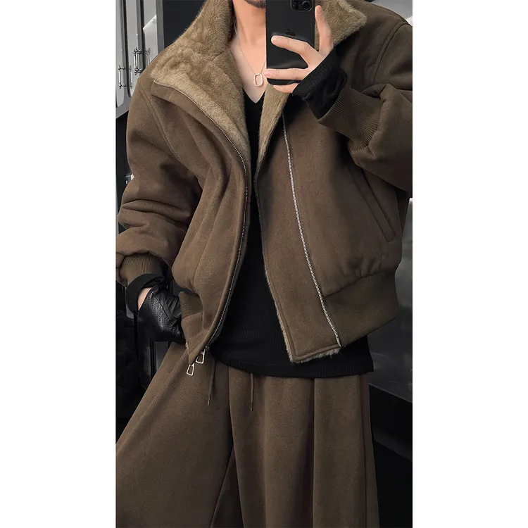 冬季新品美式高级感加绒加厚毛领百搭卫衣宽松阔腿卫裤套装