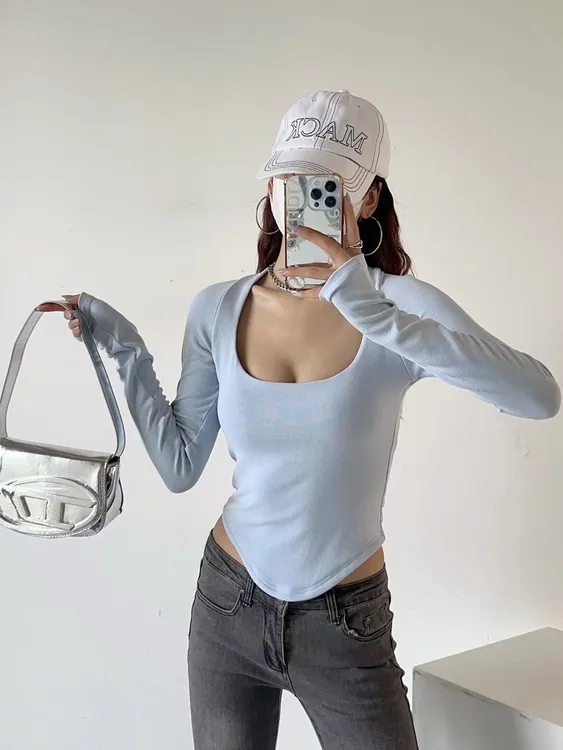 欧美辣妹女装打底衫长袖短款露脐T恤