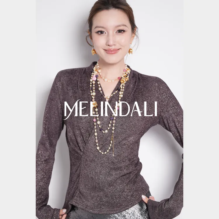 Melinda Li【雪绒紫】设计感气质交叠领细闪银丝收腰显瘦长袖上衣