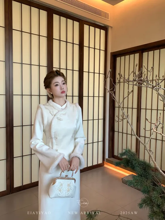 EIA一尧新中式国风【沁雪】清雅灵动提花马甲+旗袍连衣裙气质加绒女